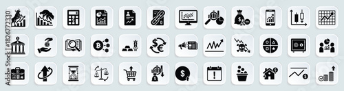 Investments and stock market icon set. Vector pictograms of trading, finance, analytics, profit growth, cryptocurrency, risk, portfolio, economic trends, and market performance illustration