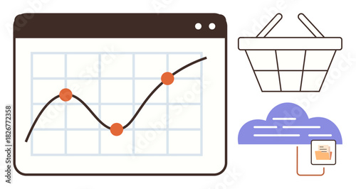 Chart with upward trend, shopping basket, and cloud server highlighting e-commerce growth potential. Ideal for data analysis, online sales, cloud storage, business strategy, technology, finance