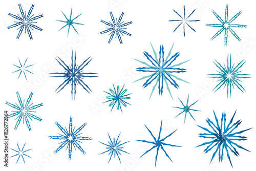 Vector illustration of blue and light-blue snowflakes in various shapes