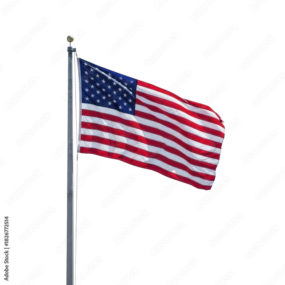 Obraz premium American flag waving on a flagpole on a transparent background, PNG image