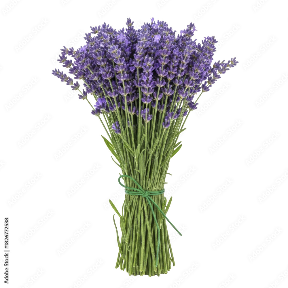 Fototapeta premium Fresh cut lavender flower bouquet with purple blossoms and green stems tied with string, on a transparent background PNG image