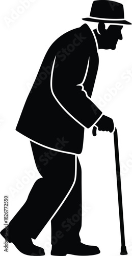 Silhouette elderly gentleman walking with cane formal attire hat isolated vector art vector
