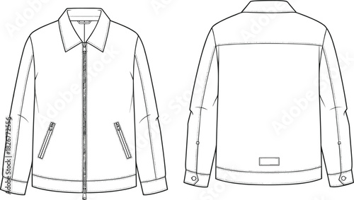 Vector Technical Drawing of Casual Zip-Front Outerwear Jacket with Shirt Collar, Slanted Zipper Pockets, and Adjustable Buttoned Cuffs Apparel Mockup