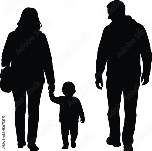 Silhouetted family walking together parents holding child hand outdoors parent child bonding connection joyful moment outdoors vector