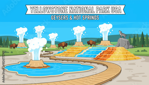 Yellowstone National Park, USA Colorful hot springs, erupting geysers, mineral terraces and vast pine forests under bright blue sky creating dramatic geothermal scenery