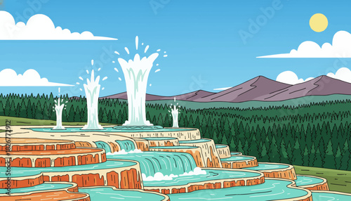 Yellowstone National Park, USA Colorful hot springs, erupting geysers, mineral terraces and vast pine forests under bright blue sky creating dramatic geothermal scenery