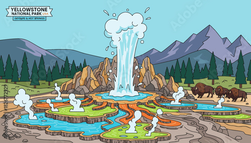 Yellowstone National Park, USA Colorful hot springs, erupting geysers, mineral terraces and vast pine forests under bright blue sky creating dramatic geothermal scenery