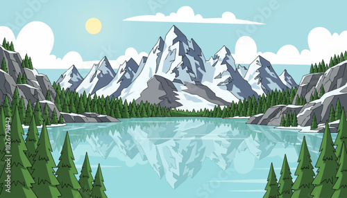 Banff National Park, Canada Snowy peaks reflecting on turquoise glacial lakes surrounded by dense fir forests and rocky ridges under crisp mountain air