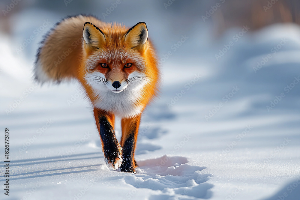 Naklejka premium Red fox walking through snow in winter forest with fluffy tail and sharp gaze, wildlife survival generative ai animal