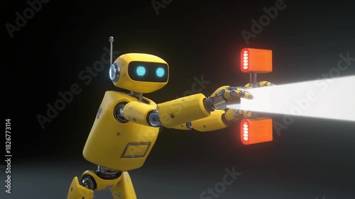 Yellow Robot Activating Futuristic Device Emitting Bright Light Against Dark Studio Background