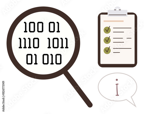 Magnifying glass focuses on binary digits, checklist with checkmarks for completion, speech bubble with an i for information. Ideal for data analysis, coding, auditing, software, research, quality