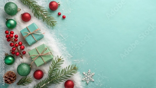Festive christmas flat lay with presents and ornaments on teal background