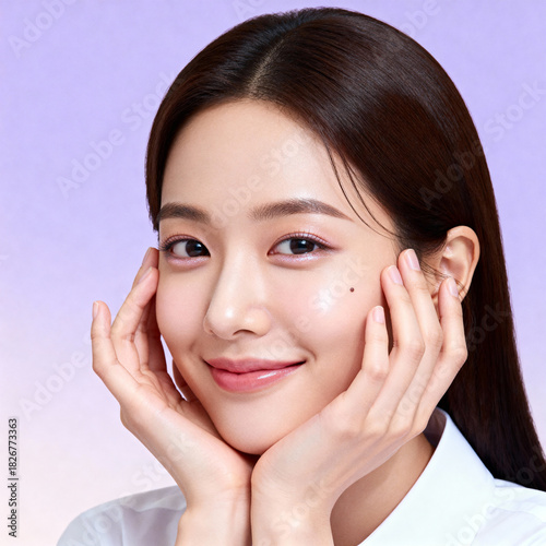 Smiling Asian Woman Skincare Portrait with Hands on Cheeks
