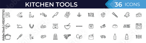Kitchen tools line icon set. Vector pictograms of cooking utensils, food preparation, cookware, ingredients, baking equipment, and culinary essentials illustration.