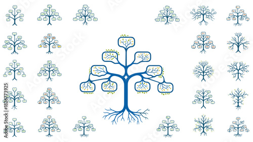 Collection of various stylized family tree diagrams