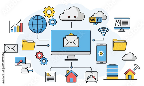 Cloud Computing & Data Networking Vector Illustrations: Security, Analytics, and IT Infrastructure Graphics