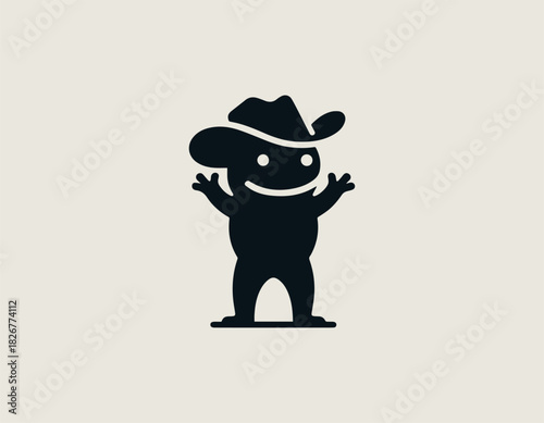 A joyful black character mascot wearing a wide brim cowboy hat smiling and waving in a bold minimalist vector graphic style on a clean white background.