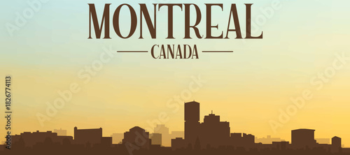 Panoramic poster of the city skyline with misty background buildings, hills sunrise, sunset and clouds of MONTREAL, CANADA