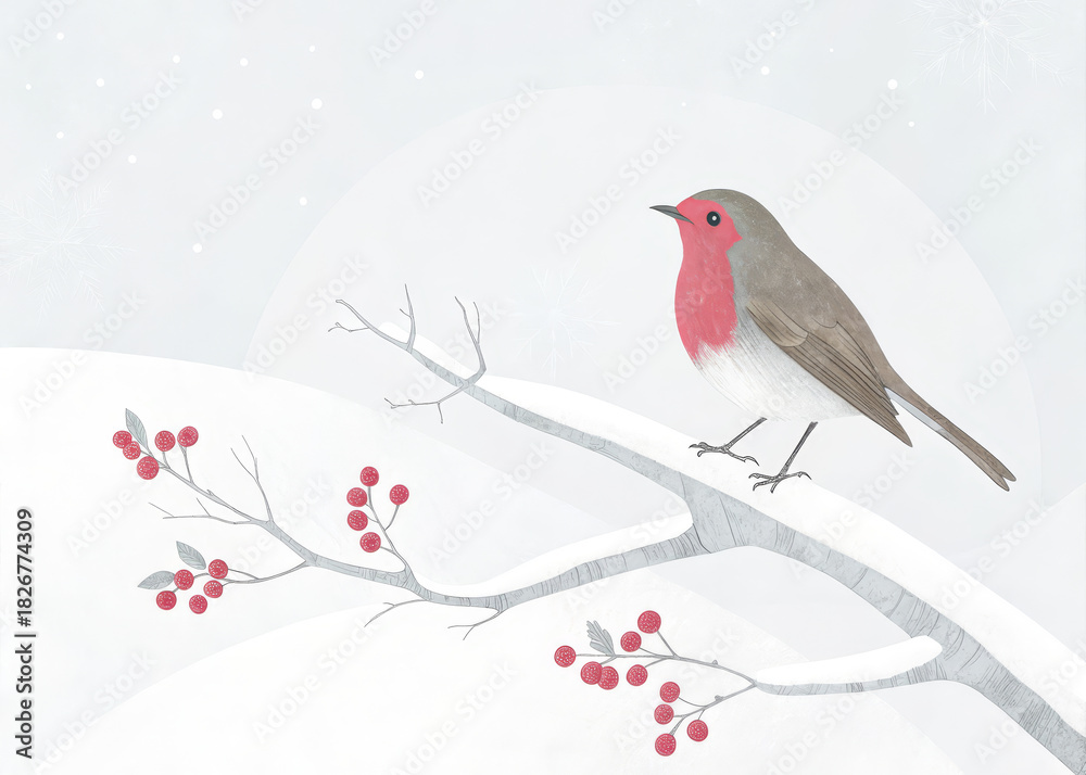 Naklejka premium Watercolor robin winter bird red breast snowy branch holly berries minimalist art soft pastel seasonal scene gentle calm nature illustration. Watercolor robin with red breast perches snowy branch