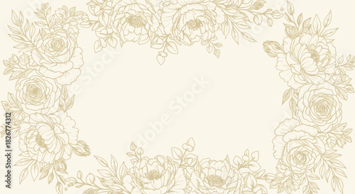 Elegant floral wreath design with roses and leaves on beige background