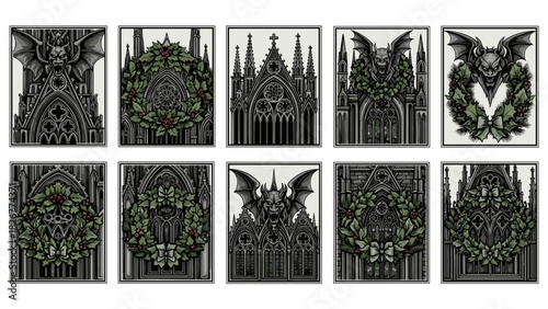 Gothic architectural elements and gargoyles with laurel wreath