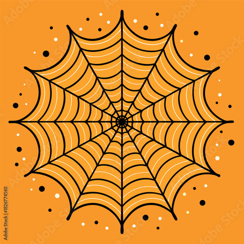 A clean spider web illustration on an orange background, with thick black lines and a symmetrical geometric pattern