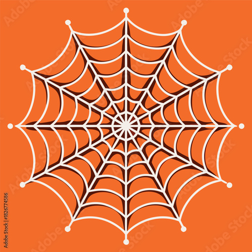 A clean spider web illustration on an orange background, with thick black lines and a symmetrical geometric pattern