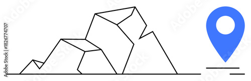 Geometric mountain and blue location pin. Ideal for navigation, travel, maps, exploration, destinations, geolocation, adventure. Simple flat metaphor for direction and mapping