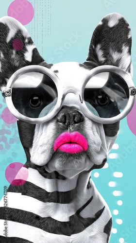Abstract surreal french bulldog portrait with large clear sunglass and bold pink lipstick symbolizing quirky fashion and pop culture aesthetic