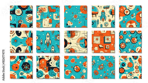 Retro space pattern with rockets, planets, and abstract shapes