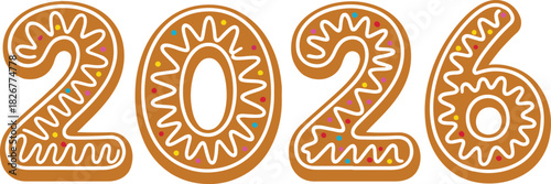 A detailed flat vector illustration of the number 2026 designed as gingerbread cookies with intricate white icing patterns and colorful sprinkles,