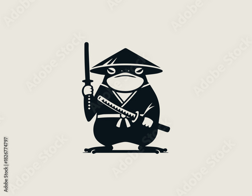 serious black frog samurai character wearing a conical hat holding a traditional katana sword in a bold minimalist vector graphic style on a clean white background.