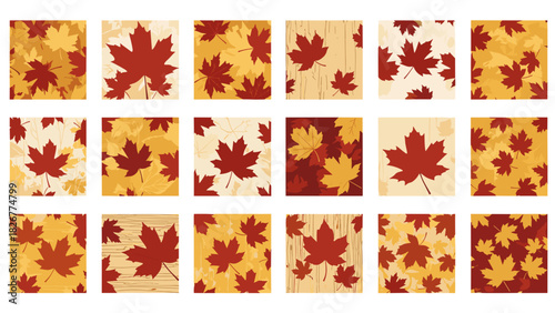 Seamless pattern of red maple leaves on textured background