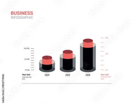 Infographic template for business. 3 Steps Modern Timeline diagram with progress arrows, presentation vector infographic. Infographic with cylinders. Percentage ratio. Percentages. Red and grey