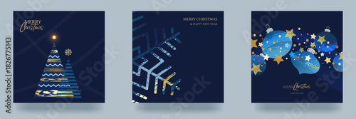 A set of Christmas and New Year cards. Illustrations for backgrounds, greeting cards, party invitations, banners, and social media. Strokes, Christmas balls, trees, and gradients. Vector