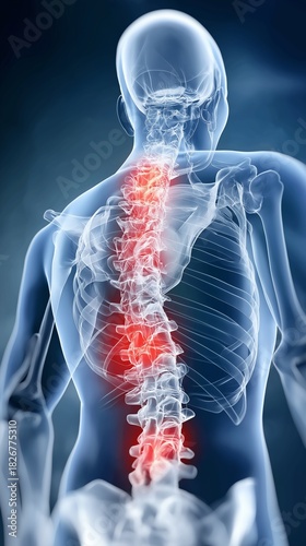 Medical anatomical representation of the human spinal column highlighting inflammation and pressure zones. X-ray biomedical rendering emphasizes diagnostics, lordoze, orthopedic interpretation 