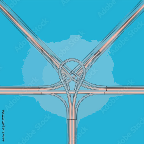 An abstract illustration of a complex road intersection with multiple lanes and overpasses against a bright blue background.