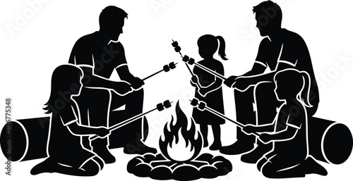 Family camping fun roasting marshmallows around a campfire silhouette style vector