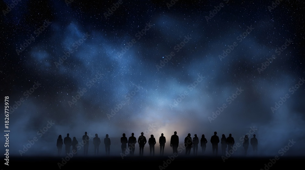 Fototapeta premium A diverse group of silhouetted figures stand together gazing upwards at a breathtaking star filled night sky shrouded in atmospheric mist