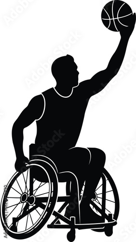 Silhouette of a determined athlete playing basketball from their wheelchair achieving a goal vector