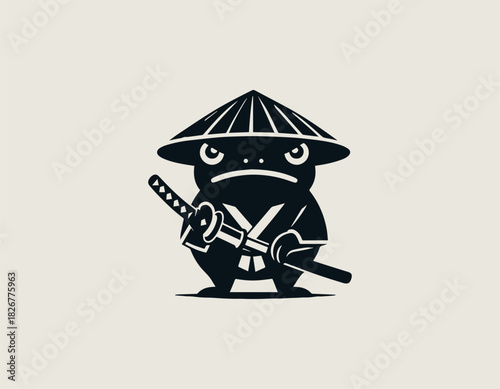 serious black frog samurai character wearing a conical hat holding a traditional katana sword in a bold minimalist vector graphic style on a clean white background.