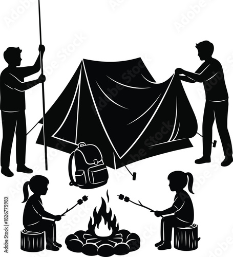 Family camping adventure setting up tent roasting marshmallows around campfire outdoors vector