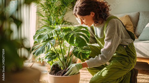Woman gardening indoors, repotting a large green plant in a cozy living room during daylight hours Generative AI