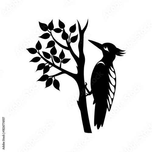Woodpecker Silhouette Pecking Tree Minimal And Simple White Background Only