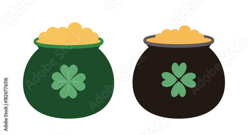 Set of St. Patrick's Day green and black cauldron with gold coins flat vector Illustration.
St. Patrick's coin jar decorated with shamrocks clipart.
White background.