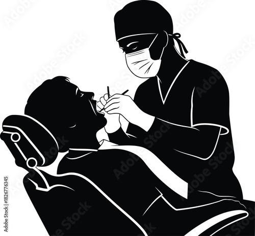 Dentist performing dental examination on patient in chair for oral health care vector