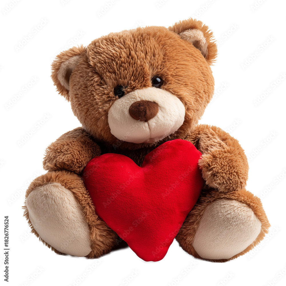 © ceren - Cute brown teddy bear holding a red heart pillow sitting