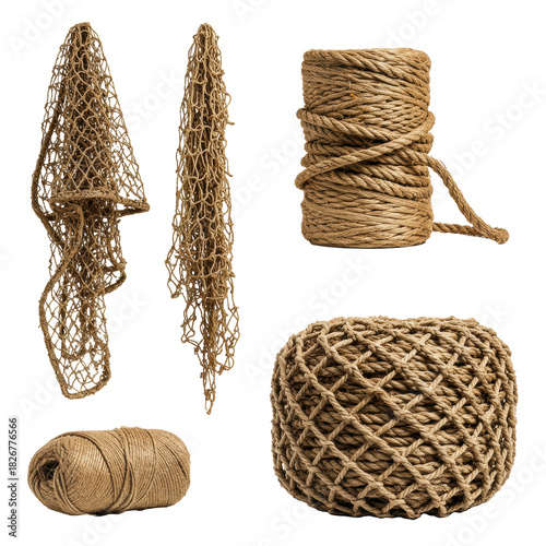 Four rustic fishing gear elements like a net, twine, and ropes made of natural fiber isolated on a white background. Traditional maritime industry concept
