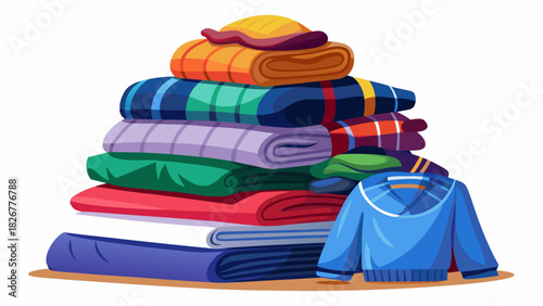 A neatly stacked pile of folded winter sweaters and pants arranged on a clean white background, perfect for minimalist apparel showcases and online clothing stores