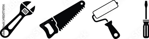 Hand tool icon set, black silhouettes, vector DIY graphics, wrench, saw, roller, screwdriver, repair and construction symbols